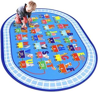 HiiARug Kids Play Rug Oval ABC Alphabet Numbers Educational Rug Train and Road Rug Baby Play Mat Learning & Game Area Rug for Bedroom Playroom Decor (Blue, 3'3" x 5')