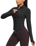 QUEENIEKE Women's Cropped Running Jackets - Zip Up Lightweight Athletic Yoga Gym Tops BBL Jacket with Thumb Holes (Black, Medium)