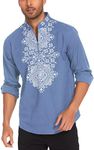 COOFANDY Men's Henley Shirt Long Sleeve Floral Print Casual Zip Up Cotton Beach Party Hippie T Shirt, Denim Blue, Large