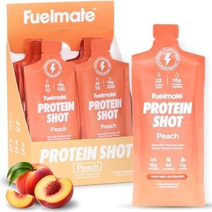 FUELMATE Peach Liquid Collagen Easy Protein Shots - 15g Protein + 22 Amino Acids - Hydrolyzed Bovine Collagen Peptides for Recovery, Skin, Hair & Joints - 10 x 1.29oz - Sugar, Dairy & Gluten Free