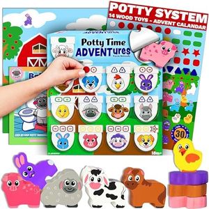 LIL ADVENTS Potty Time Adventures - Farm Animals with 14 Wooden Block Toy Prizes | Potty Training Advent Game | As Seen on Shark Tank | Wood Block Toys, Reward Chart, Activity Board and Stickers