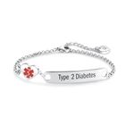 LSxAB Heart Medical Alert Type 2 Diabetes Bracelet for Women Emergency First Aid Health Alert Engraved Stainless Steel Adjustable Chain Bracelets