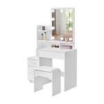 LEMROE Hollywood Dressing Table with LED Mirror and Stool, Faux Leather Makeup Table with 7 Shelves and 4 Drawers Vanity Dresser for Women Girls, Modern Bedroom Furniture (4 Drawers)