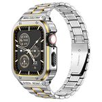 MioHHR Stainless Steel Watch Band with Case Compatible for Apple Watch Bands 45 mm,Rugged Strap with Metal Protective Bumper Cover for iWatch Series 9/8/7 for Men(Silver/Gold)