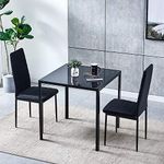 Huisenuk Modern Black Glass Dining Table and Chairs Set of 2 for Small Kitchen, 3 Piece Glass Tempered Square Table with 2 Black Velvet Chairs for Small Dinette Apartment Space Saving