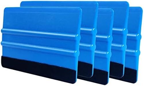 Plastic Blue 4 Inch Felt Edge Squeegee with Black Felt Edge Car Vinyl Scraper Decal Applicator Tool for Window Tint, Wallpaper, Decal Sticker Installation (Blue 5Pcs)