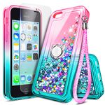 NZND Case for iPhone 5C with Screen Protector (HD Clear), Ring Holder/Wrist Strap, Sparkle Glitter Flowing Liquid Floating Waterfall Shiny Bling Girls Kids Women Cute Case -Pink/Aqua