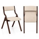 COSTWAY Padded Folding Chair Set of 2, Wooden Counter Dining Chairs with Linen Fabric Seat, Backrest & Anti-slip Footpads, Modern Upholstered Kitchen Office Conference Seats (Coffee+Beige)