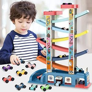 Uandhome Toddler Toys for 1 2 3 Year Old Boy & Girl Gifts, Car Ramp Racer Toys with 8 Cars & Race Tracks, Garages and Parking Lots， Baby Car Race Track Vehicle Playsets