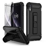 ORETECH Designed for iPhone XR Case,and [2 x Tempered Glass Screen Protectors] [Heavy Duty Protection] [Kickstand & Phone Holder] 5 in 1 Full Body Shockproof Protective Cover for iPhone Xr - Black