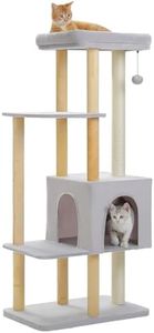PAWZ Road Modern Cat Tree, 135cm Wooden Cat Tower with Large Top Perch, Spacious Condo, 8 Natural Wood Post and 2 Sisal Covered Scratching Post, Multi-Level Cat Furniture for Indoor Large Cats, Grey