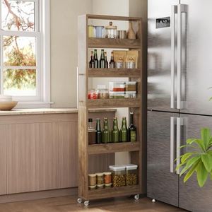 LITTLE TREE 63-Inch Slim Storage Cart on Wheels, 5-Tier Tall Narrow Mobile Shelf Organizer, Rolling Utility Cart with Metal Handle for Kitchen, Dining Room, Small Spaces, Brown