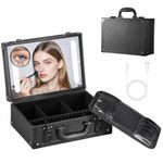 Luxspire Makeup Bag with LED Mirror, Travel Makeup Case Large Makeup Box with 5X Magnifying Mirror Adjustable Dividers, Makeup Train Case with Makeup Brush Holder, Cosmetic Bags for Women, Black