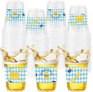 CIEOVO 50 Pack 12oz Oktoberfest Party Cups, Oktoberfest Blue and White Flag Check Disposable Clear Plastic Cups with German Oktoberfest Beer Festival Party Beer Beverage Ice Cream Snacks Decoration