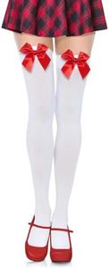 ASOHEK Satin Bow Thigh High Stockings for Women White Silk Cosplay Costume Long Socks, Red