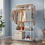 Clothing Rack with Shelves Double Rod Clothing Garment Rack on Wheels Clothes Drying Rack for Indoor Bedroom Living Room (White-1)