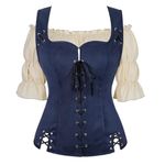 Blue Pirate Renaissance Medieval Blouse Vest Set Shirts Women Steampunk Viking Costume Bodice Lace-up Waistcoat Cosplay M