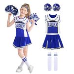 LOLANTA Girls Blue & Red Cheerleading Costume with Pompoms & Socks, Halloween Party Cheers Fancy Dress, Blue, 6-7 Years, 130