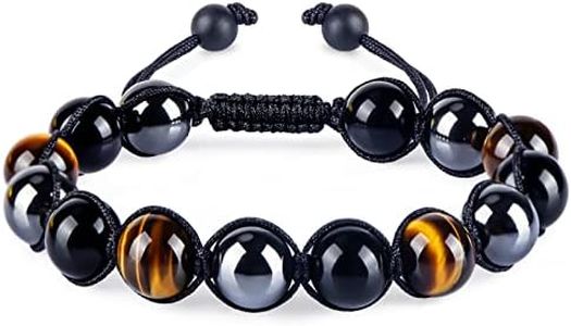 Triple Protection Bracelet for Women Men, 10mm Crystal Beads Bracelet Handmade with Real Tiger Eye Black Obsidian and Hematite, Natural Crystal Bracelet Mens Christmas Gift for Protection and Balance