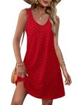 OFEEFAN Womens Summer Dresses 2024 Loose V Neck Sleeveless Sundresses Swimsuit Coverup with Pockets Floral/Plain/Eyelet, C Eyelet Red, Large