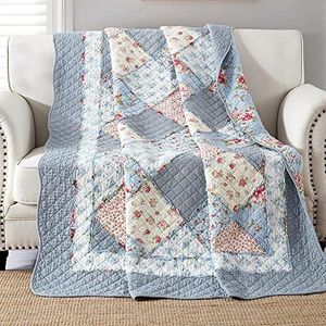 Twin Size Patchwork Quilt Blue Cotton Quilted Throw Blanket Reversible Bedspread Coverlet for Couch Sofa Lightweight Soft Floral Vintage Garden Flowers Comforter Bed Cover for Bed Home Bedroom Decor