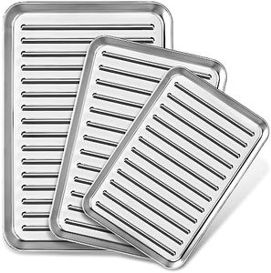CEKEE Baking Sheet Set of 3, Stainless Steel Cookie Sheets for Baking, 9/12/16 Inch Baking Pan Tray, Nonstick & Heavy Duty & Warp Resistant Baking Sheets for Oven - Dishwasher Safe