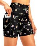 Soothfeel Women's High Waisted Swim Board Shorts 5 Inch UPF 50+ Tummy Control Bathing Suit Bottoms for Women with Pockets Black_Floral_Patterns M