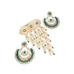 The Opal Factory Gold Plated Rajasthani Jewellery Choker Necklace Set and Earring with Drops in AD/CZ and Green Stones for Women and Girls (Green)