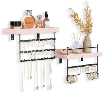Lolalet Hanging Jewelry Organizer Wall Mount with Earrings Bracelets Necklaces Hooks, Easy Install Free Combination Holder for Wall Bathroom - Set of 2, Pink