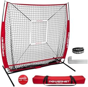 PowerNet 5x5 Practice Net + Strike Zone + Weighted Training Ball Bundle (Red) | Baseball Softball Coaching Aid | Compact Lightweight Ultra Portable | Team Color | Batting Screen