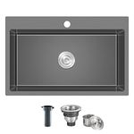 KINKIB 28 inch Drop in Black Kitchen Sink Single Bowl, Top-Mount Stainless Steel Kitchen Sink Single Basin, 9 inch Deep Handmade Overmount Kitchen Sink Black with Basket Strainer