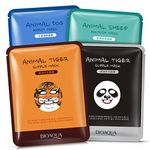 BIOAQUA Face Mask Sheet Enriched with Natural Serum for Radiant and Nourished Skin At Home Spa Moisturizing Facial with Fun Animal Characters: Panda Tiger Sheep Dog (4 Sheets Variety Pack)