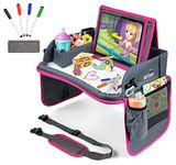 Kids Travel Tray with Dry Erase Board, Car Seat Lap for Food & Play Activity, Carseat Table Trays for Toddler, Kid Activity Desk for Air Travel, No-Drop Tablet Holder & Borders (Grey with Pink Frame)