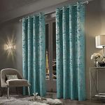 always4u Soft Velvet Curtains 95 Inch Length Luxury Bedroom Curtains Gold Foil Print Window Curtains for Living Room Set of 2 Teal