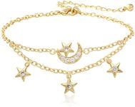 Mesovor Dainty Moon Star Link Bracelet, 16K Gold Plated Adjustable Link Chain | Sparkling Zirconia Bracelet for Women Girls, Brass, zircon gemstone