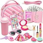 Kids Pretend Play Little Girl Purse Accessories, Princess Toy Cell Phone Fake Makeup Handbag Wallet Sunglasses Keys Credit Card Water Bottle Birthday Gifts Toys for 3 4 5 6 7 8 9 10+ Year Old Girls