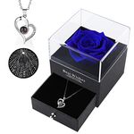 Preserved Blue Real Rose with I Love You Necklace in 100 Languages, Enchanted Flower Rose for Mom Wife Girlfriend Her on Mothers Day Valentines Day Anniversary