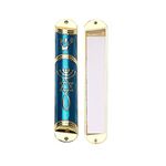 BRTAGG Mezuzah Case with Double Sided Tape, 14cm Tall, Blue & Gold, Easy Peel and Stick Mezuzah Cover (for 10cm Scroll)
