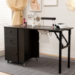 Belandi Foldable Manicure Table Nail Table,Folding Nail Desk Station for Nail Tech w/Electric Downdraft Vent,Lockable Wheels,Foldable Nail Arm Rest,Storage Drawers,Wooden Handles(Black)