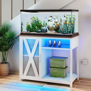 DWVO 40-50 Gallon Aquarium Stand with Power Outlets & LED Light, Cabinet for Fish Tank Accessories Storage - Metal Fish Tank Stand Suitable for Turtle Tank, Reptile Terrarium, 660LBS Capacity, White