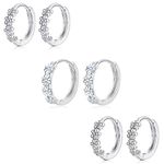 Sterling Silver Hoop Earrings for Women, 3 Pairs Silver Small Huggie Hoop Earrings Set | Hypoallergenic Cubic Zirconia Daisy Hoop Flower Earring Jewellery Gifts for Ladies Teens Girls, 10mm*2 / 12mm*1