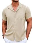 COOFANDY Short Sleeve Shirt Men Summer Shirt Cuban Collar Shirts Casual Holiday Shirts Formal Solid Color Light Brown L