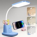 Sailstar Small Desk Lamp, Kids Desk Lamp with Pen Holder, Wireless Charger LED Desk Lamps for Home Office, 800LM Gooseneck 3 Modes Dimmable Touch Cute Desk Lamp, Blue Study Lamp for College Dorm Room