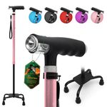 BeneCane Quad Cane Walking Cane with Two Led Lights with Big Base T Handle＆Lightweight Adjustable Walking Stick Four Pronged Sturdy for Men and Women (Pink)