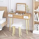 SogesPower Makeup Vanity Table Set with Flip Top Mirror Dressing Desk with 2 Storage Drawers Makeup Table Writing Desk and Cushioned Stool for Bedroom Bathroom，CXWM-DR02WT