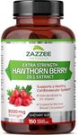 Zazzee Extra Strength Hawthorn Berry 20:1 Extract, 8000 mg Strength, 2% Vitexin, 150 Vegan Capsules, 5 Month Supply, Concentrated and Standardized Potent 20X Extract, Non-GMO and All-Natural