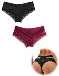 ohmydear Womens Sexy Cheeky Panties Lace Thongs Hipster Back Crisscross Strappy Underwear Plus Size Bikini Briefs Black Red 2 Packs