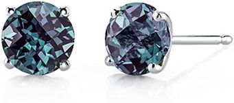 Peora Solid 14K White Gold Created Alexandrite Stud Earrings for Women, Classic Solitaire Round Shape, 6mm, 2 Carats total, Friction Back