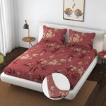 VAINE Premium Cotton 350 TC Elastic Fitted Bedsheets with 2 Pillow Covers | Double King Bed with All Around Elastic Wrinklefree Supersoft |Size-78 x72+10 inches | Light Maroon Flower