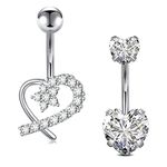 Crdifu 2pcs Silver Belly Bar 10mm Navel Button Rings 14G Surgical Steel Heart Belly Piercing Jewellery Women